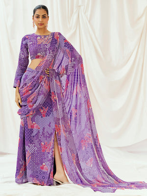 Violet Printed Embroidered Drape Saree Set image 0