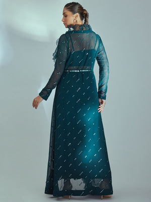 Green Mirror Flared Pant Set with Ruffle Jacket image 2