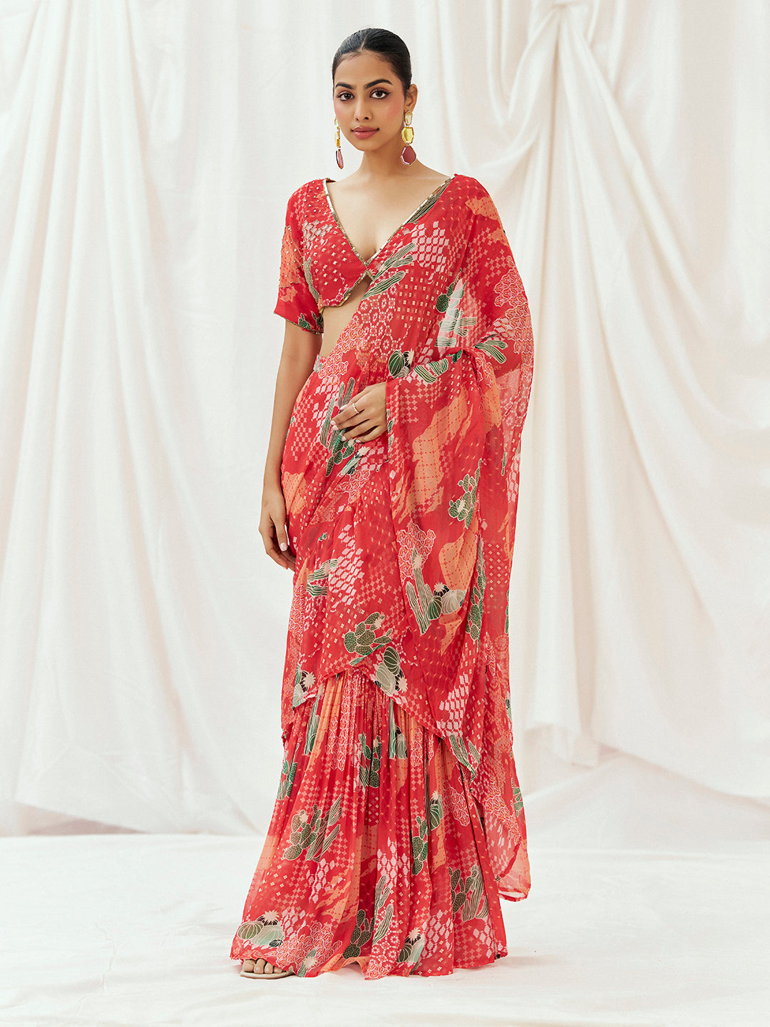 Red Printed Embroidered Drape Saree Set - S image