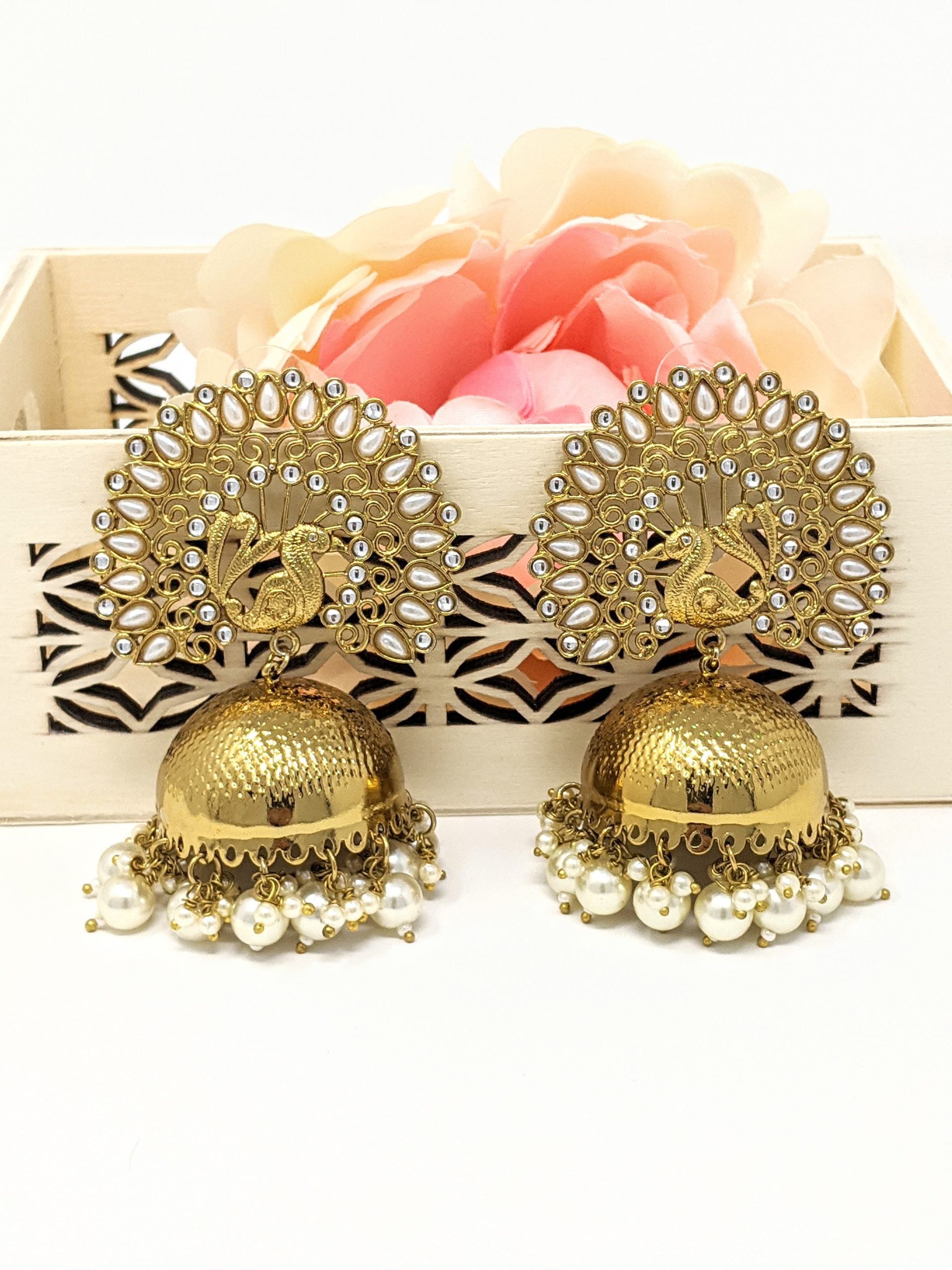Peacock Jhumki Earrings - Golden image