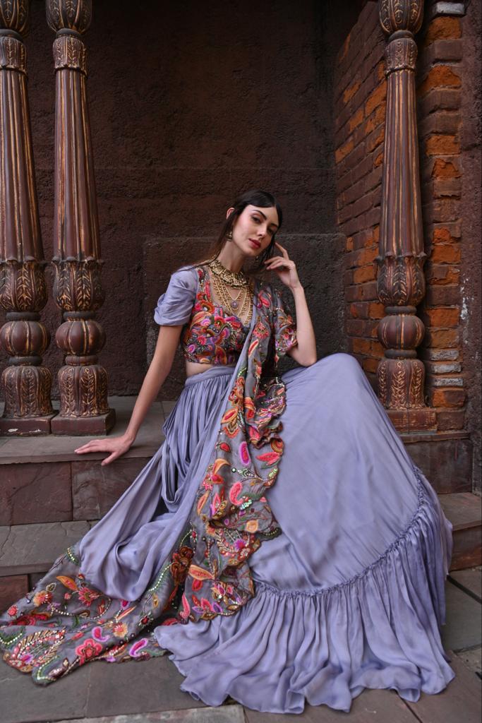 Gray Drape Lehenga Set image 4