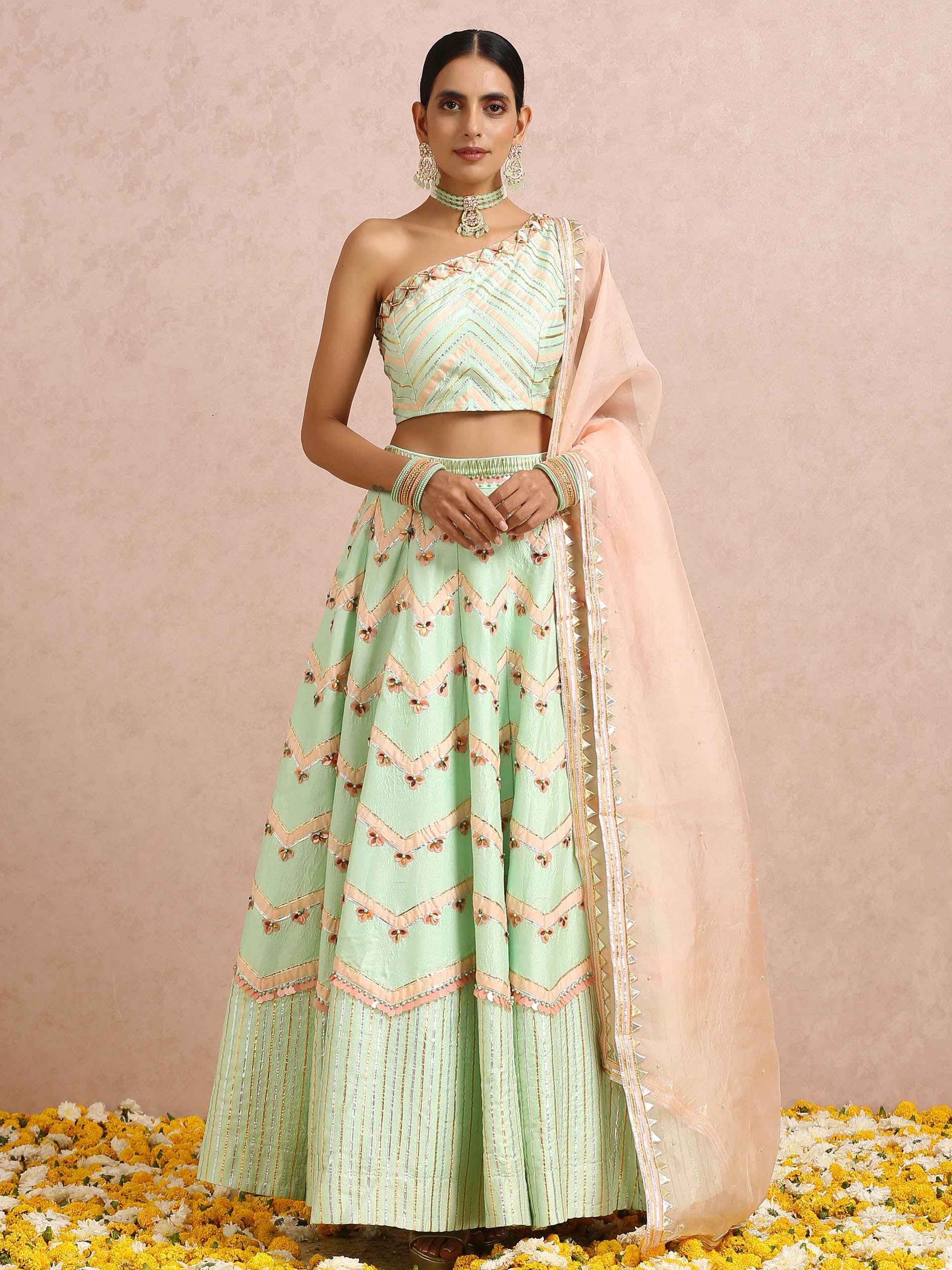 Mint and Peach Color Block Lehenga Set image 6