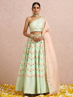 Mint and Peach Color Block Lehenga Set image 6