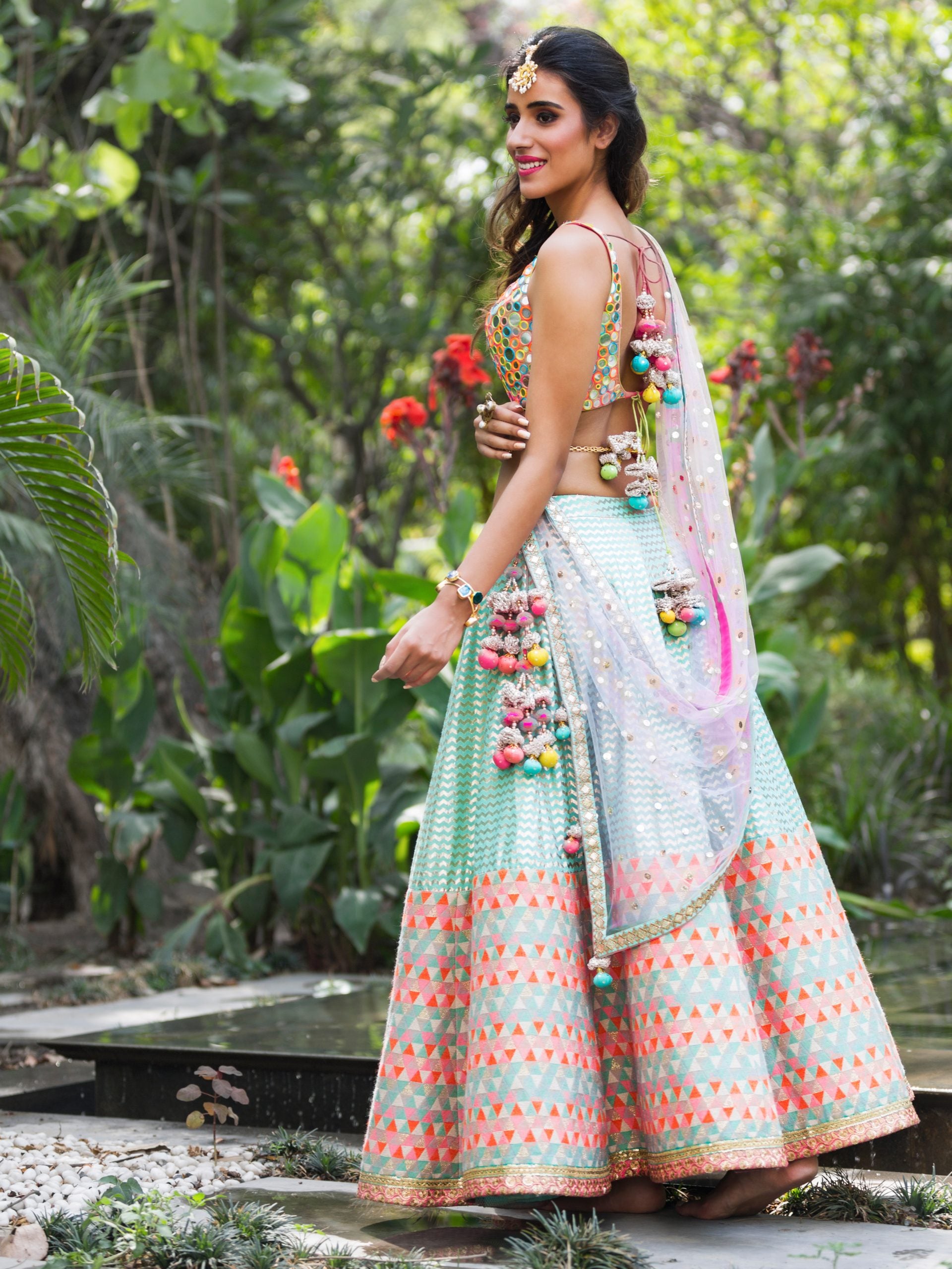 Aqua Lehenga with Rainbow Mirror Work Choli Set image 0
