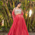 Coral Floral Georgette &amp; Net Embroidered Lehenga Set image 0