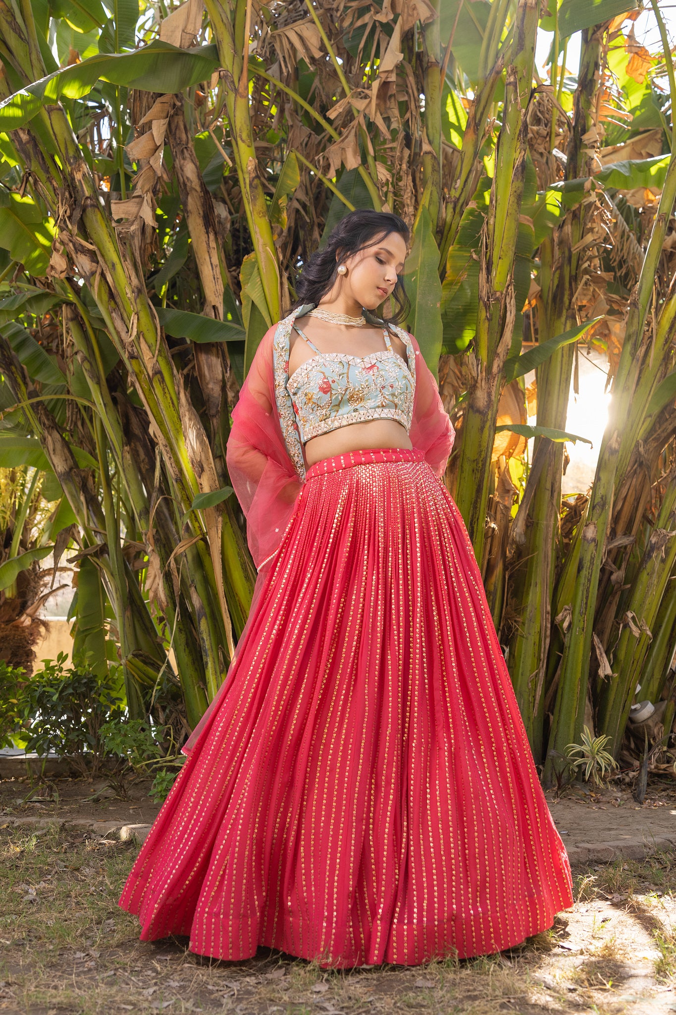 Coral Floral Georgette &amp; Net Embroidered Lehenga Set image 0