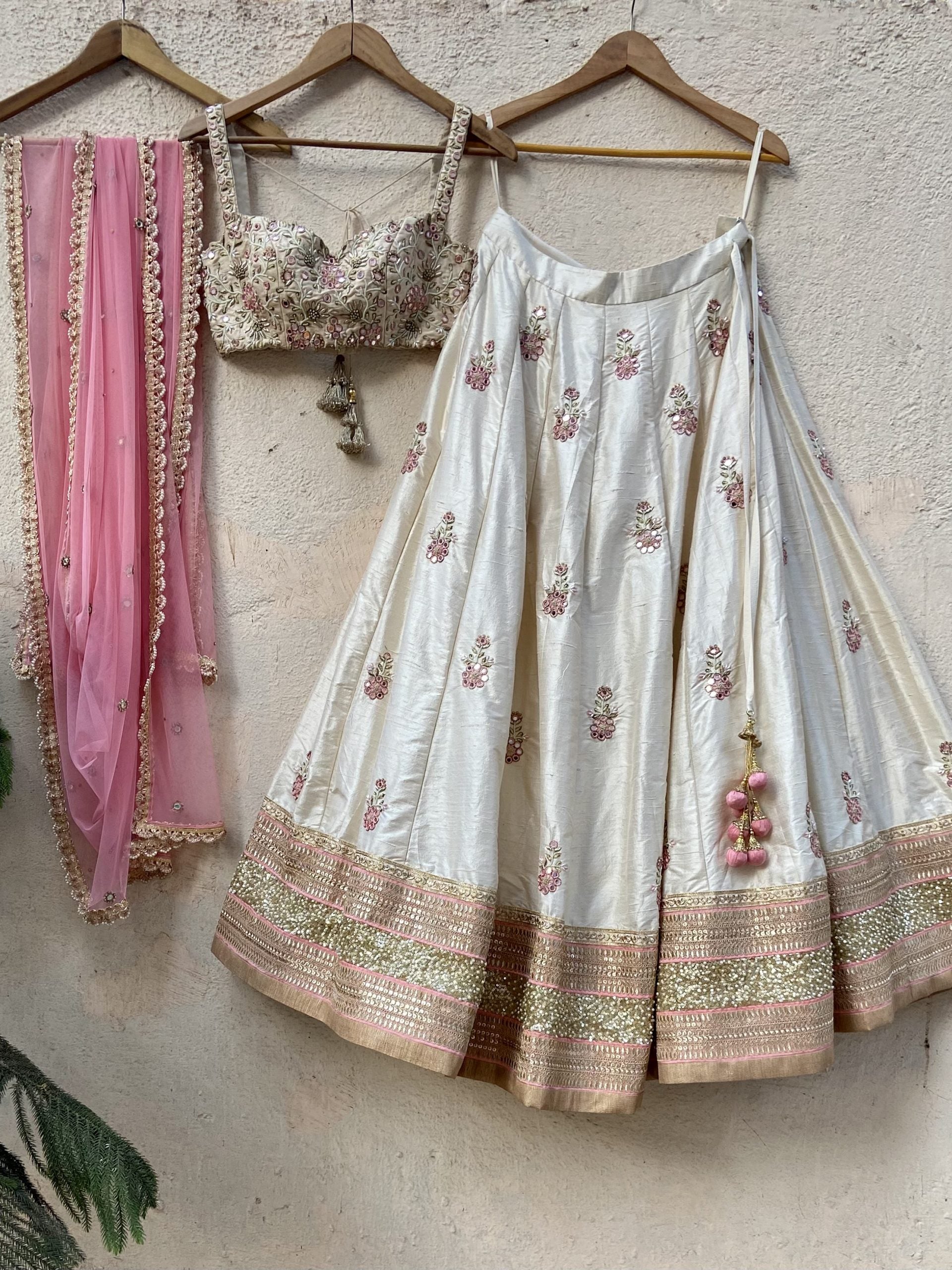 Ivory Raw Silk Lehenga with Mirror Work image 0