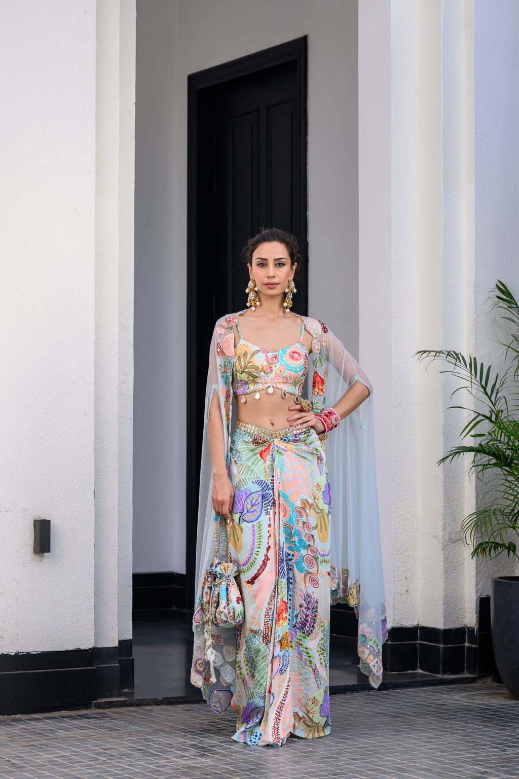 Gardenia Dhoti Skirt Set Paidawn With Highlighted Bralette With Highlighted Applique Cape - XL image