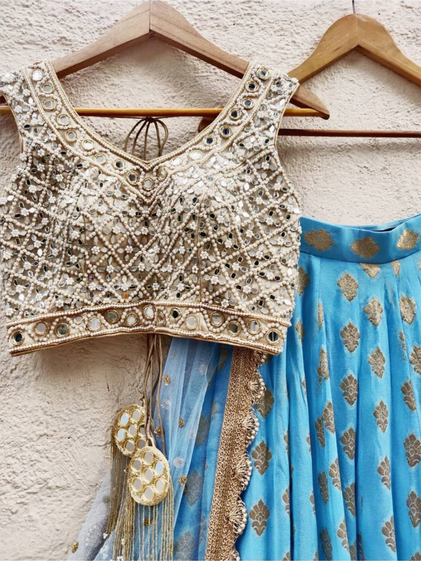 Light Blue Ruffle Lehenga with Mirror Blouse image 2