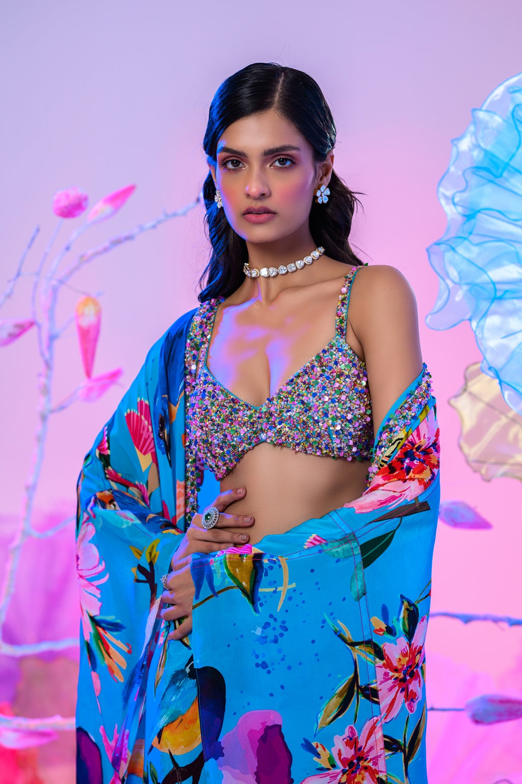 Our Aqua Dhoti Skirt Set With Embroidered Bralette image 1