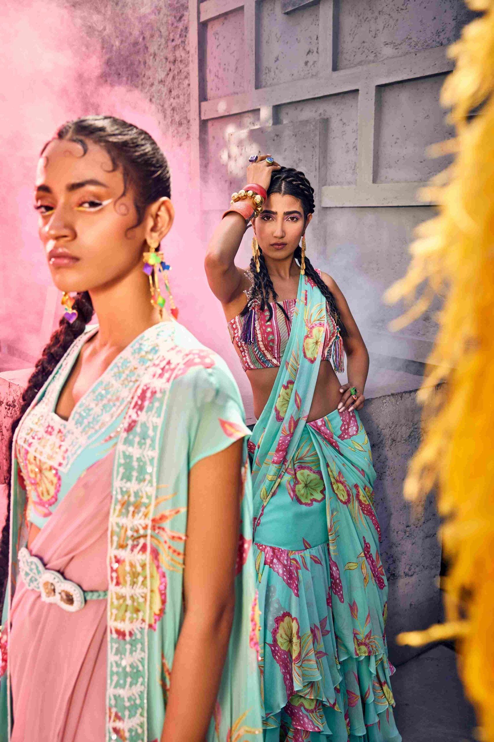 Pastel Pink Saree With Cape And Bustier In Teal Blue image 3