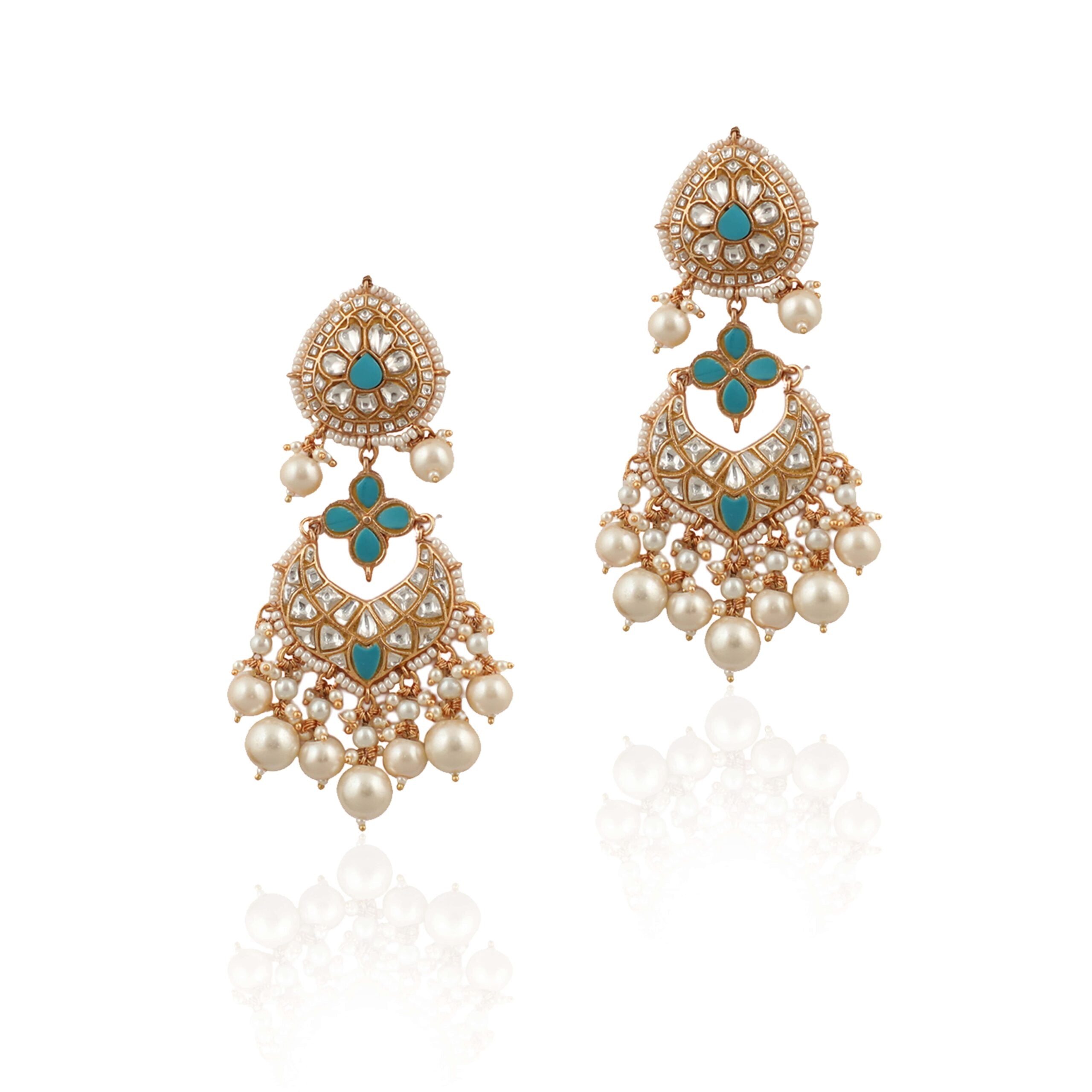 Sky Blue & White Gold-Plated Jadtar Long Necklace Set image 1