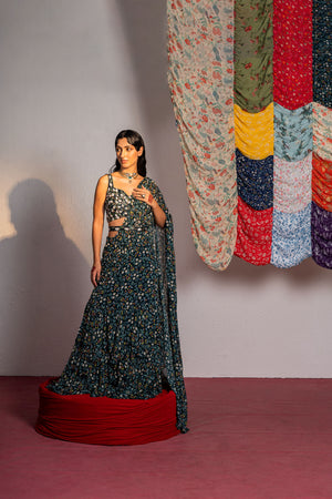 Royal Green Printed And Embroidered Drape Saree Set - XL image