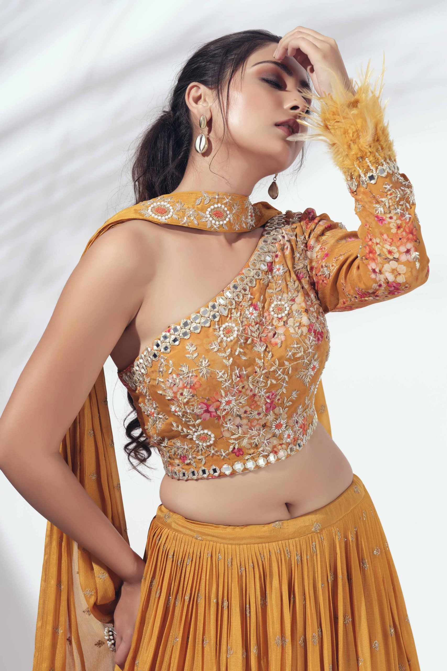 Mustard Lehenga with One Shoulder Blouse image 2