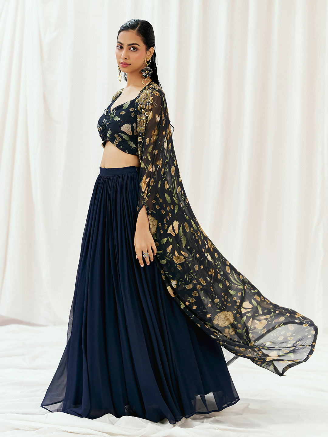 Navy Blue Printed Embroidered Lehenga Set with Cape image 3