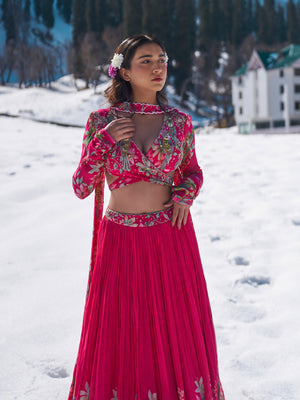 Hot Pink Floral Lehenga Set image 3