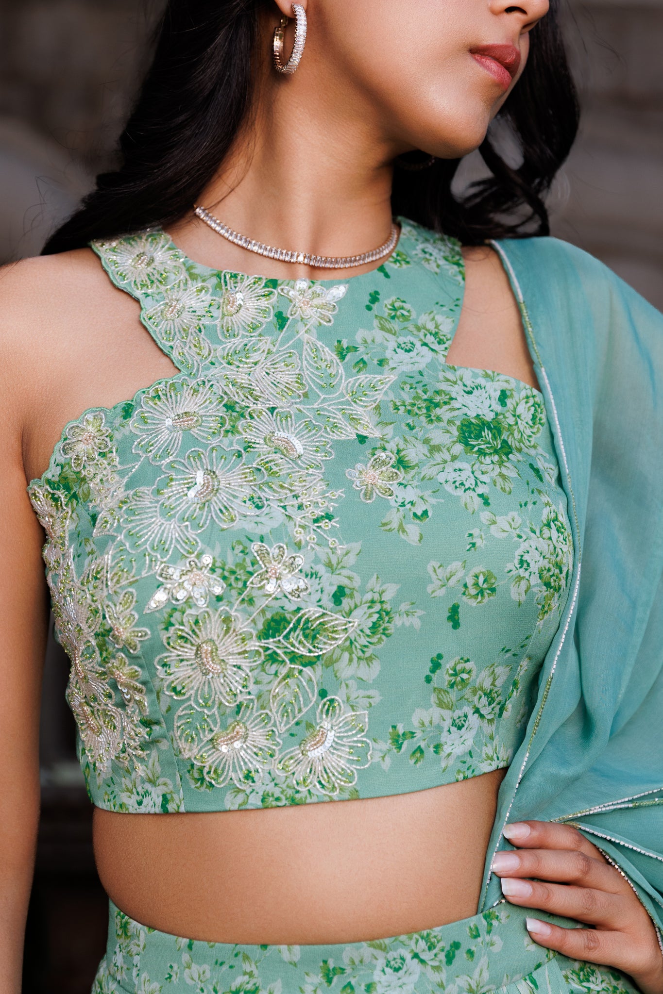 Green Organza Embroidered Draped Skirt Saree Set image 1