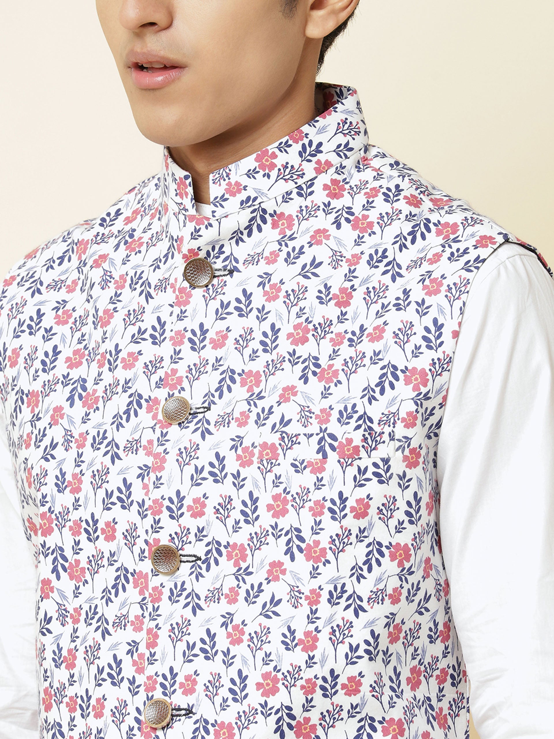 White Floral Print Bundi Jacket image 1