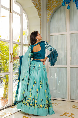 Sea Green Georgette Crepe &amp; Satin Embroidered Lehenga Set image 4