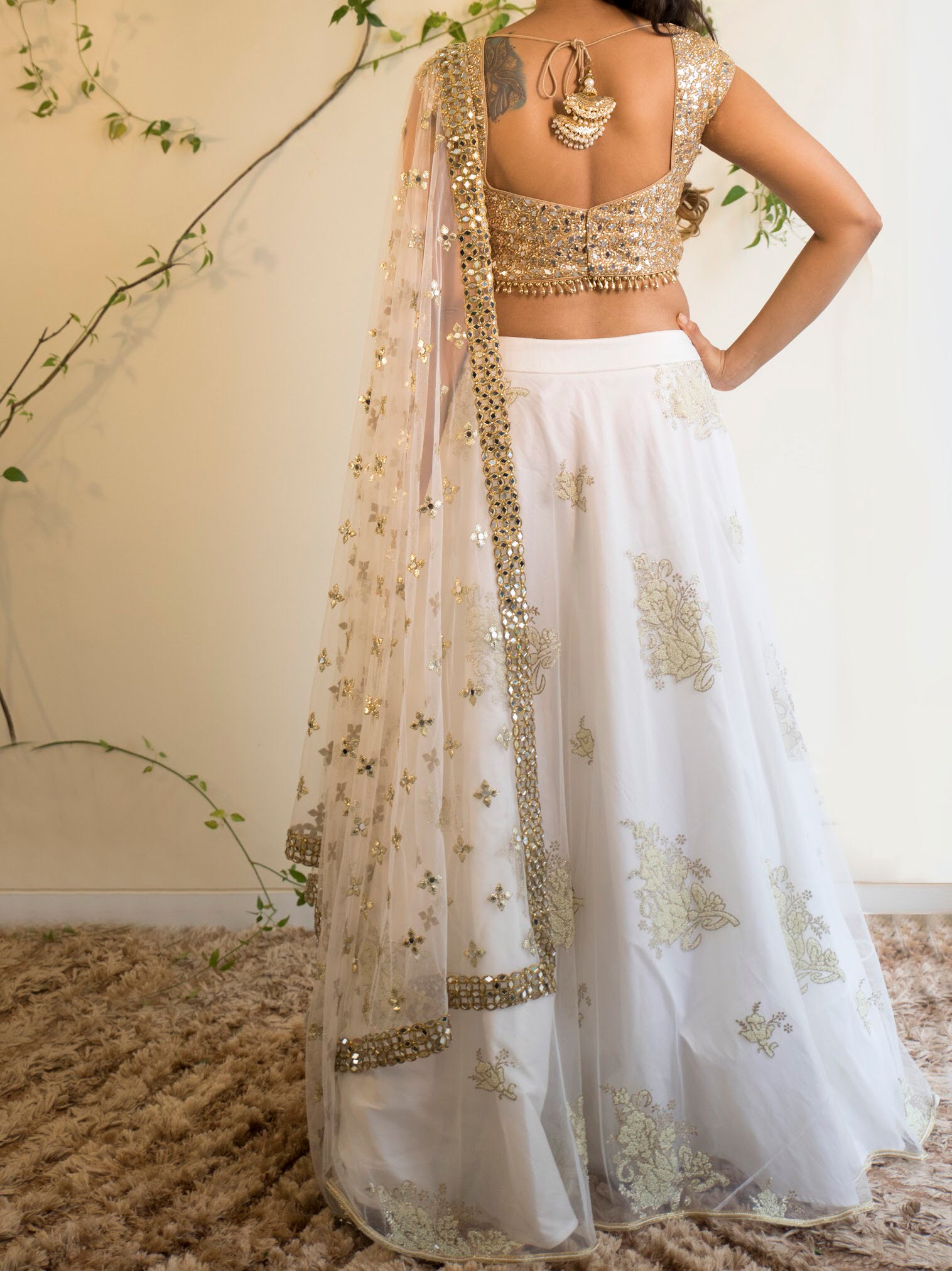 White Pearl Lehenga with Gold Mirror Work Blouse image 1