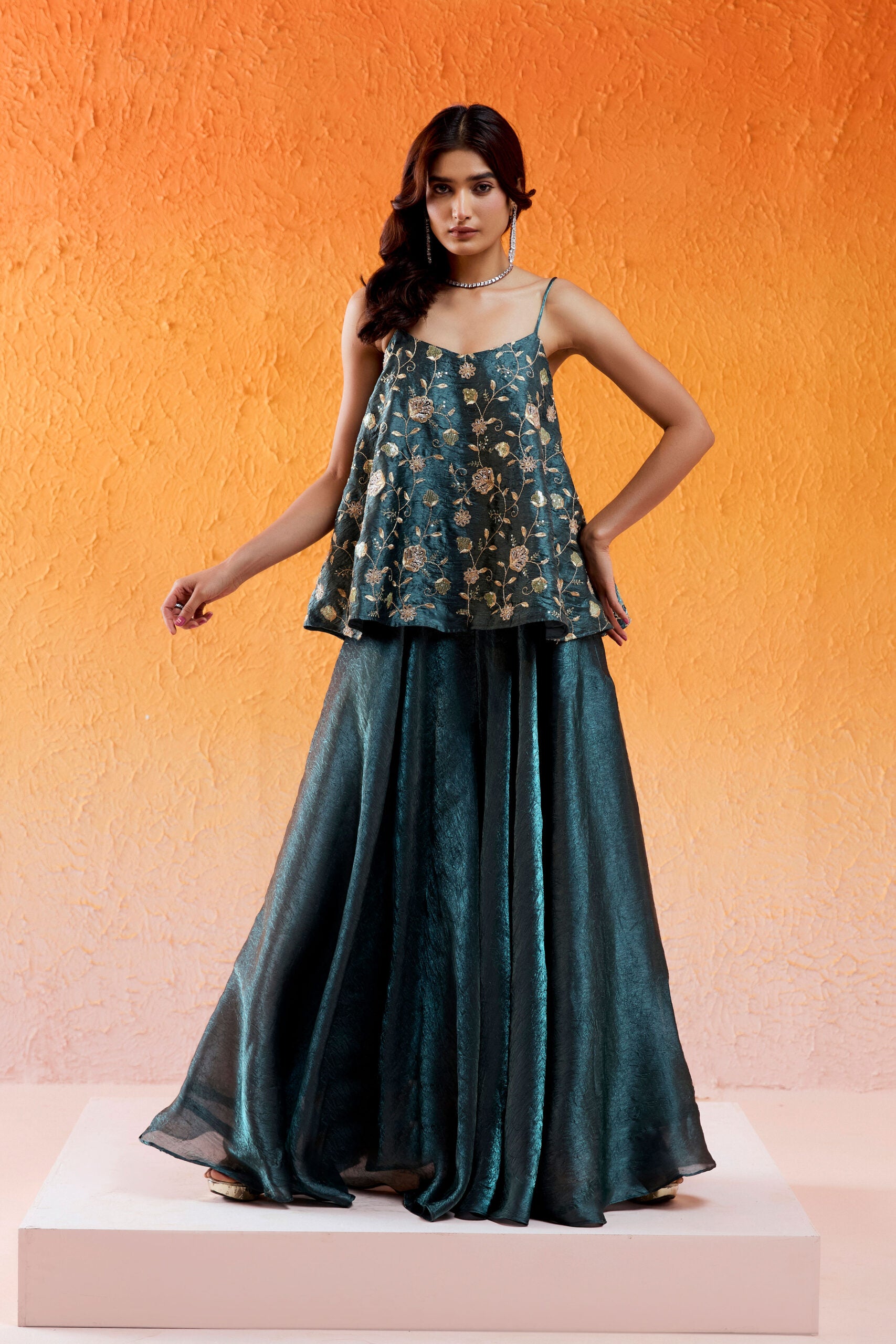 Metallic Teal Blue Peplum Sharara Set image 3