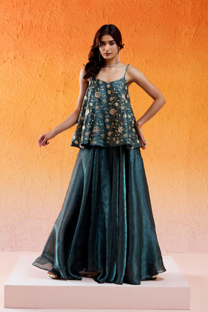 Metallic Teal Blue Peplum Sharara Set image 3