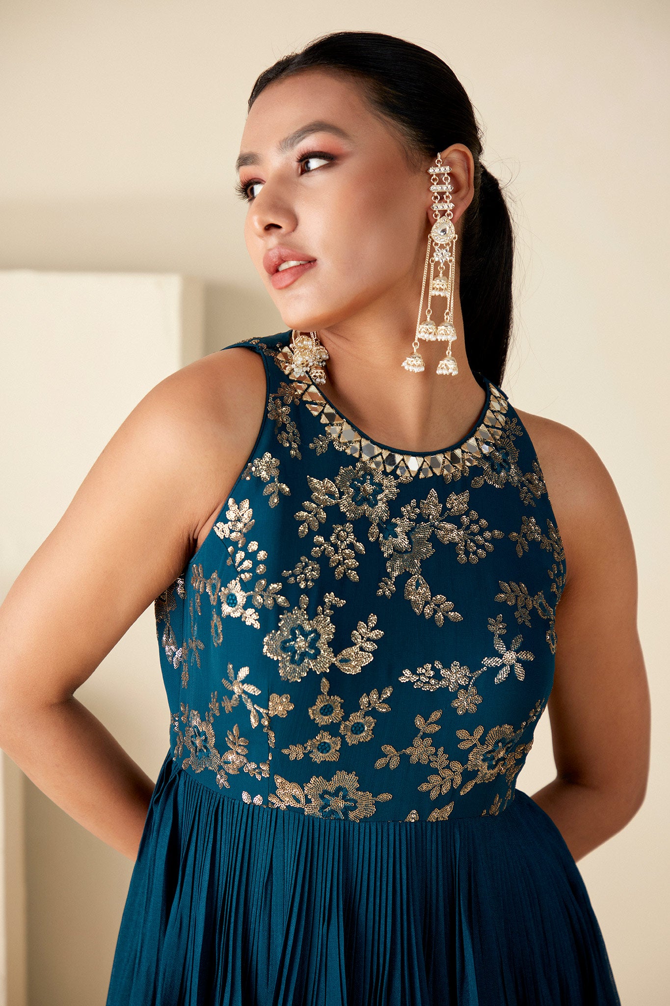 Mirror Work Teal Blue Fusion Dress image 2