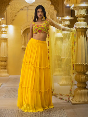 Yellow Floral Embroidered Lehenga Set image 3