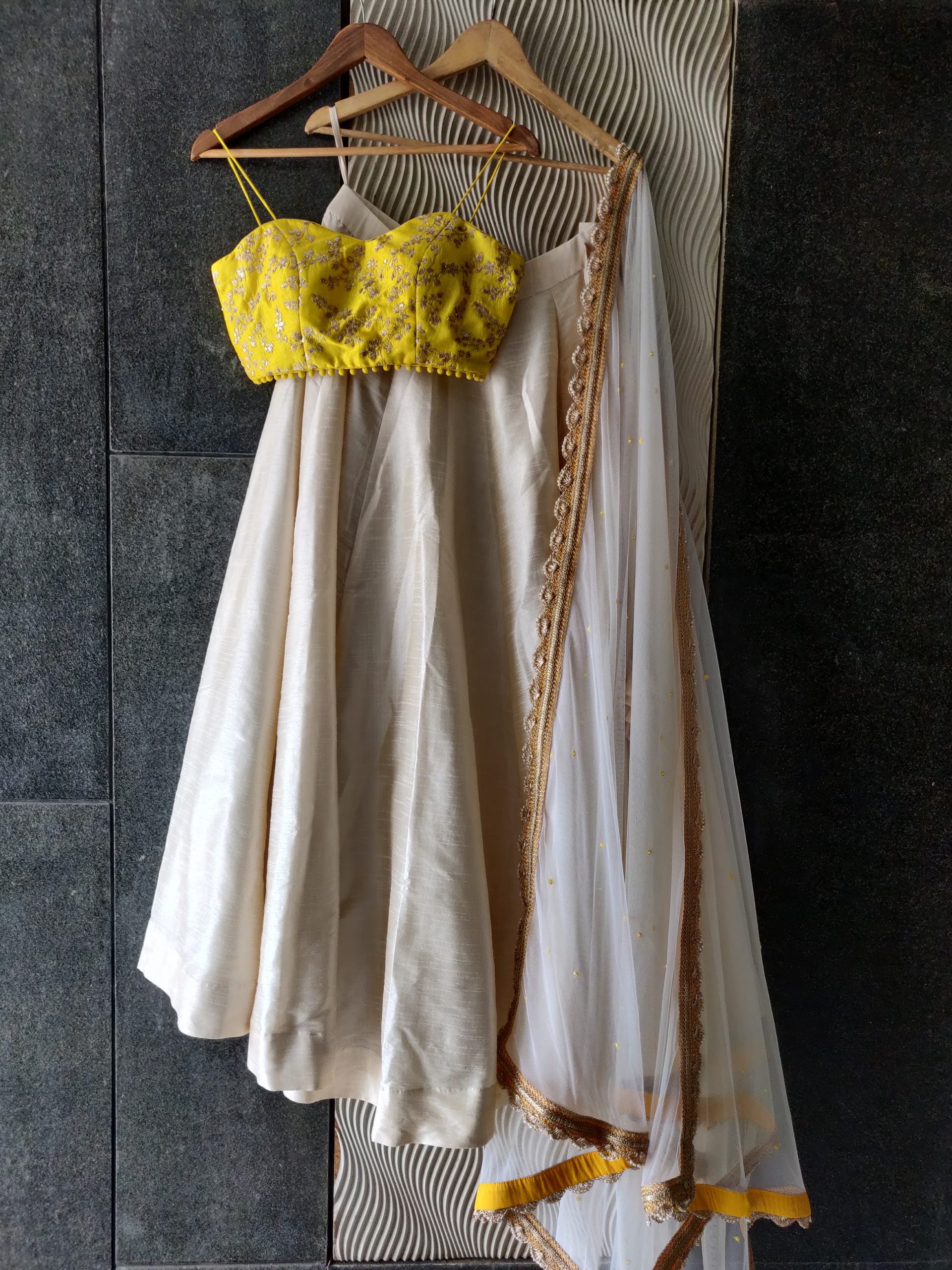 Ivory Raw Silk Skirt and Yellow Bustier - Custom image