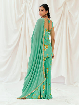 Turquoise Blue Printed Embroidered Sharara Suit Set image 3