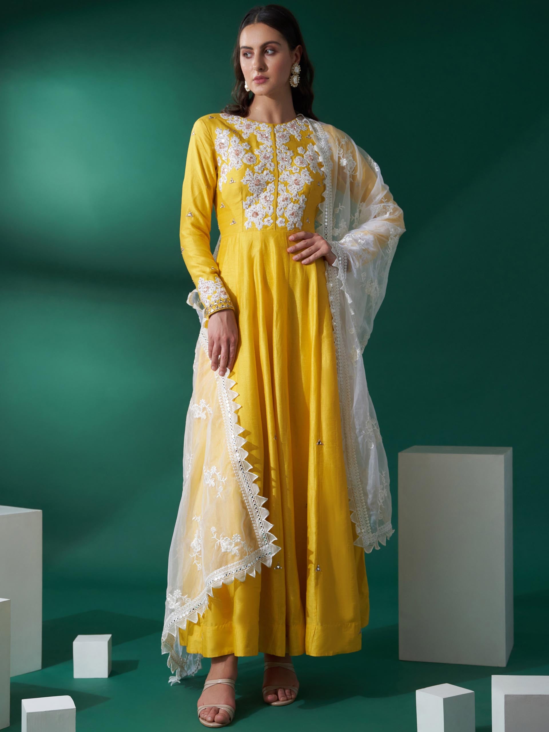 Yellow Mirror Lace Anarkali Set image 0