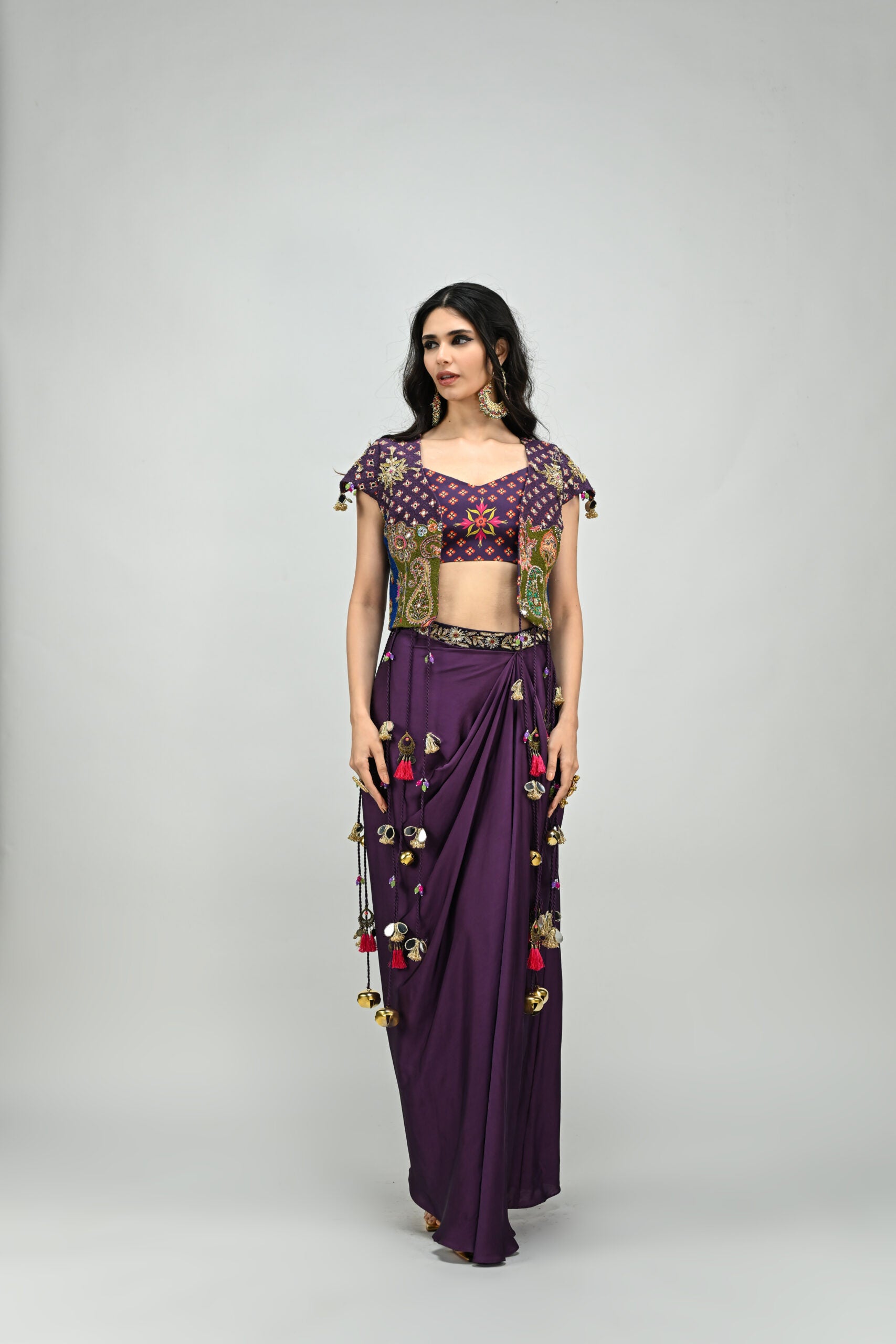 Plum Patch Highlighted Tassel Jacket Dhoti Skirt Set image 0