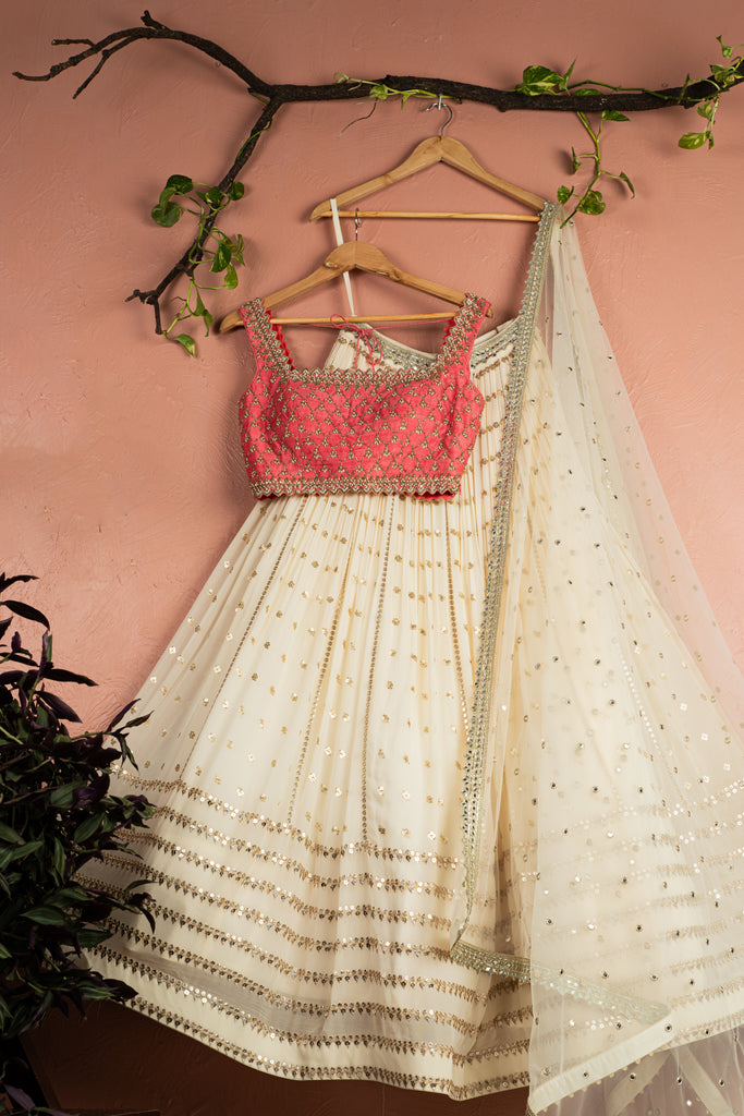Ivory Radiant Sequin Lehenga with Pink Zardosi Blouse Set - L image