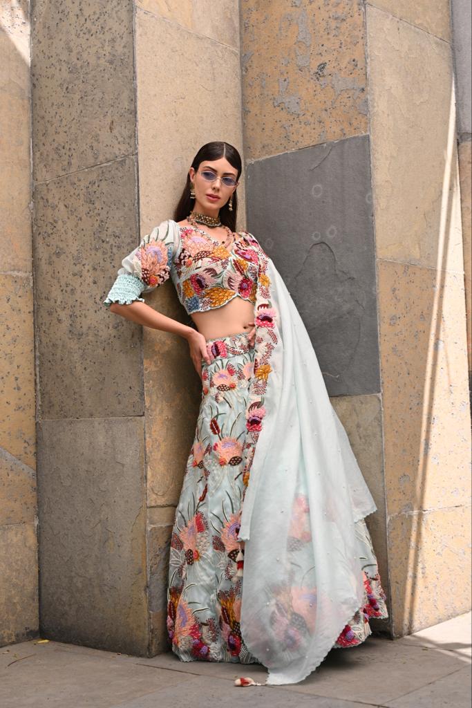 Powder Blue off Shoulder Lehenga Set image 3