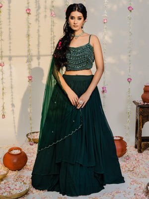 Bottle Green High-Low Lehenga Set - L image