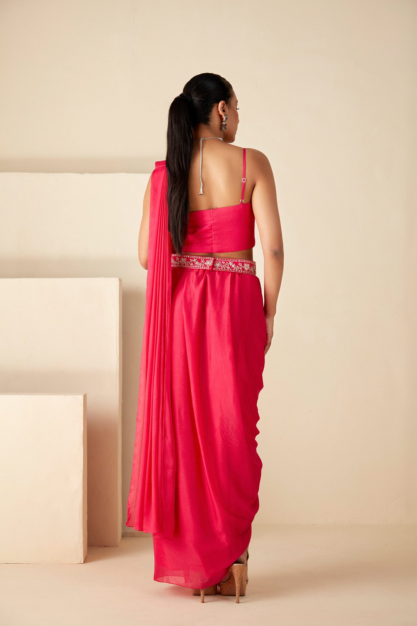 Pink Georgette Crepe Bustier Skirt Saree image 1