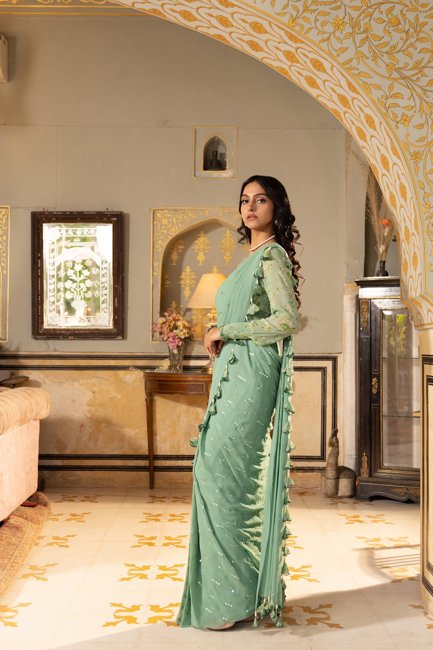 Sage Green Pre-Draped Saree image 5