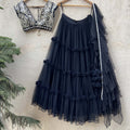 Black Tulle Tier Ruffle Lehenga Set with Black Blouse image 0