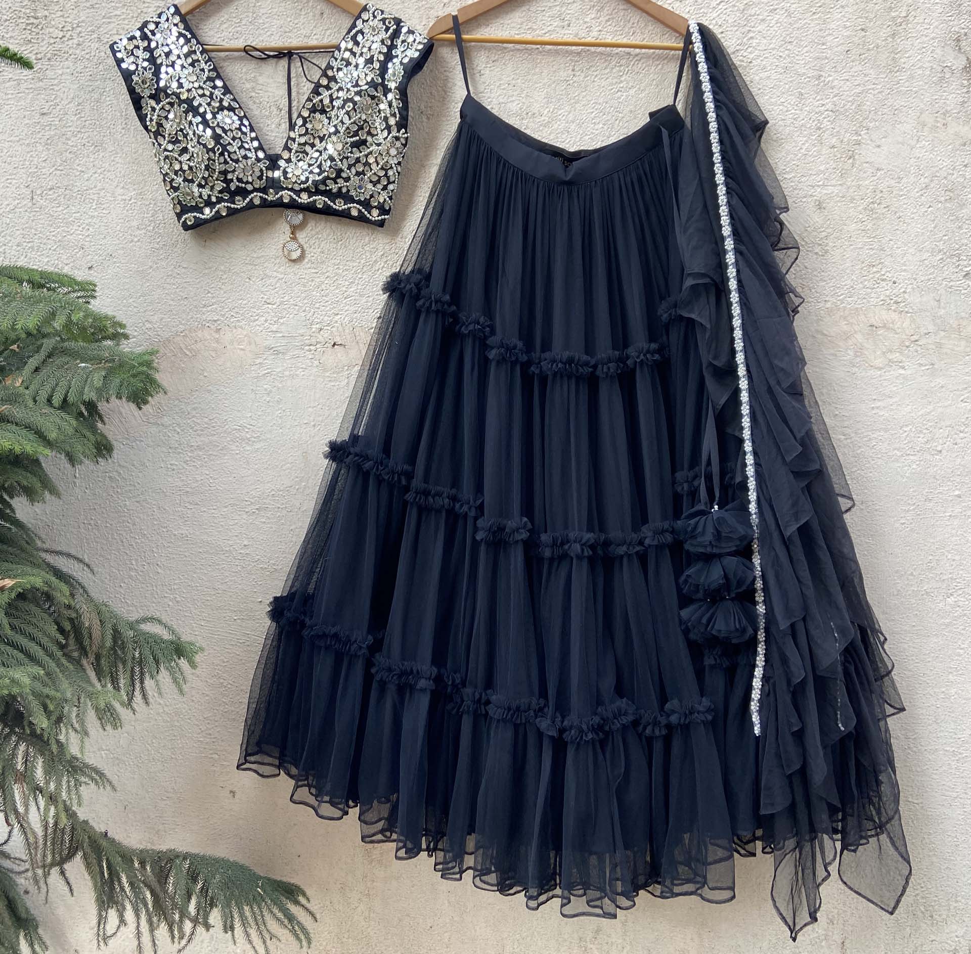Black Tulle Tier Ruffle Lehenga Set with Black Blouse image 0