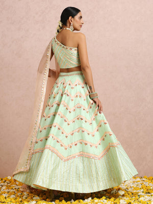 Mint and Peach Color Block Lehenga Set image 3