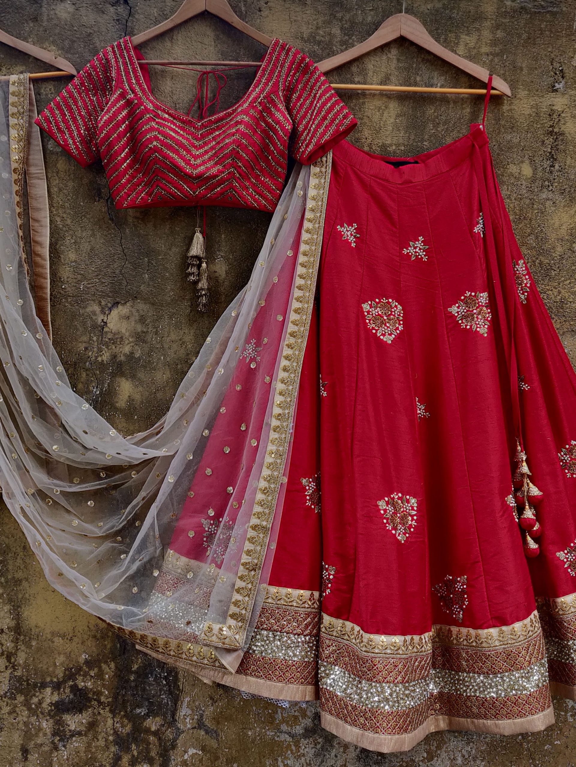 Red Chevron Zardozi Work Lehenga image 0