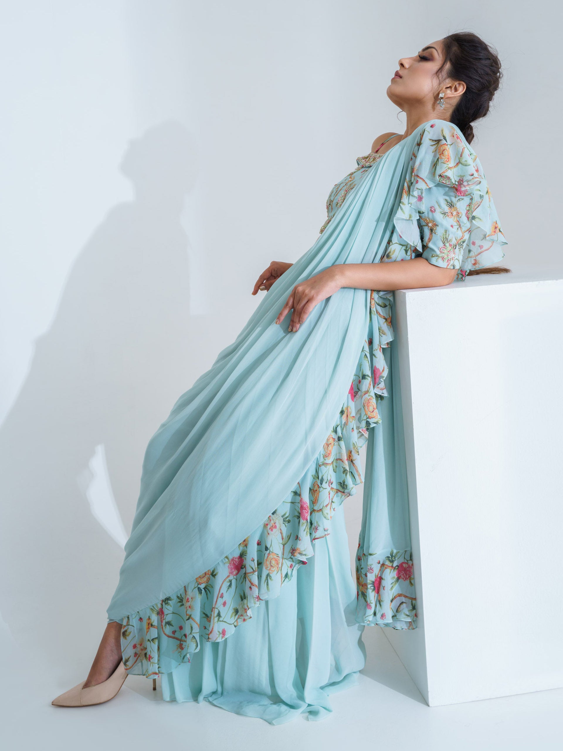 Pre Drape Light Blue Ruffle Saree Set image 2