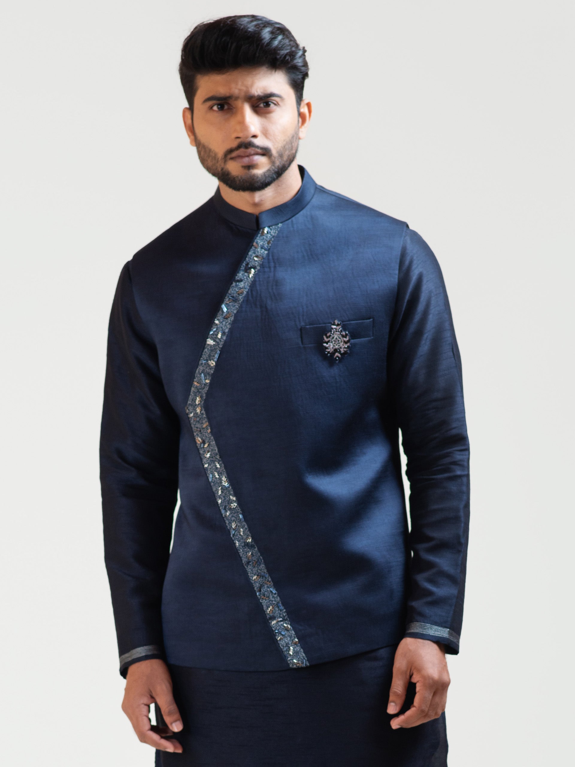 Navy Blue Overlap Nehru Jacket - M image