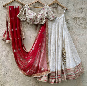 Ivory and Red Bridal Lehenga Set - M image