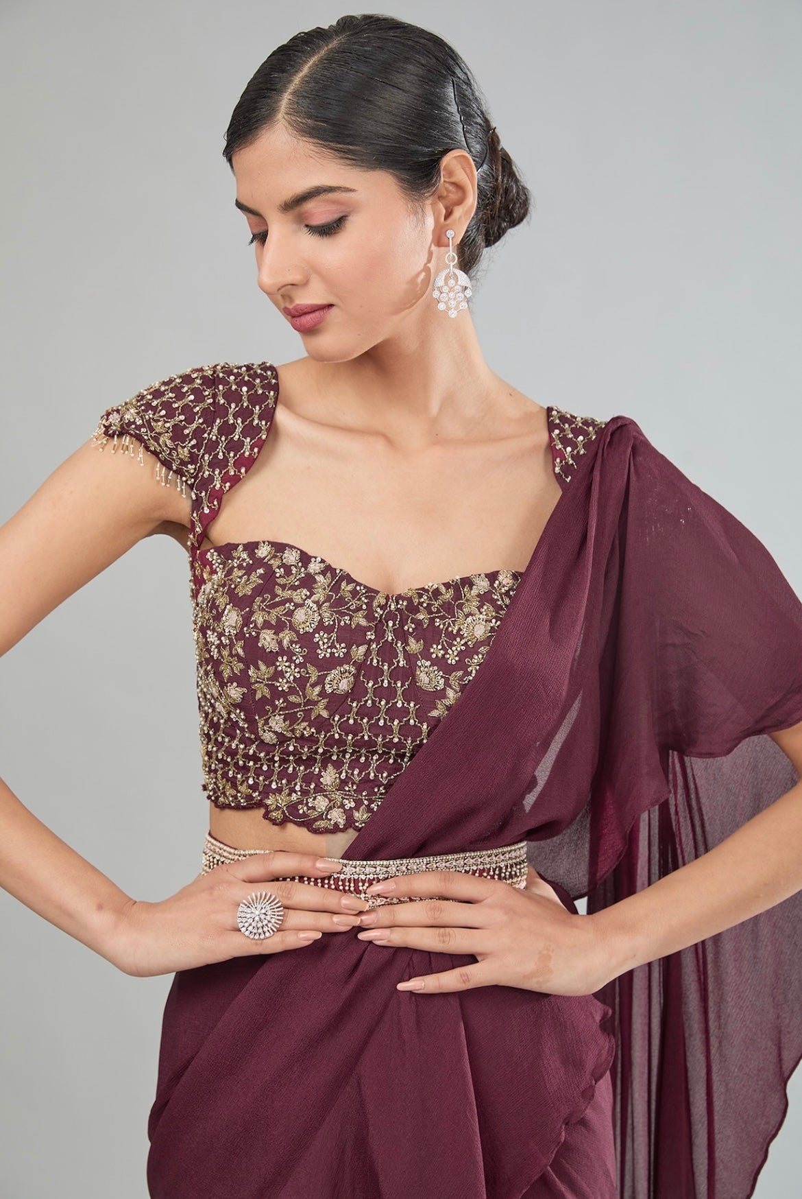 Wine Pre-Drape Saree image 3