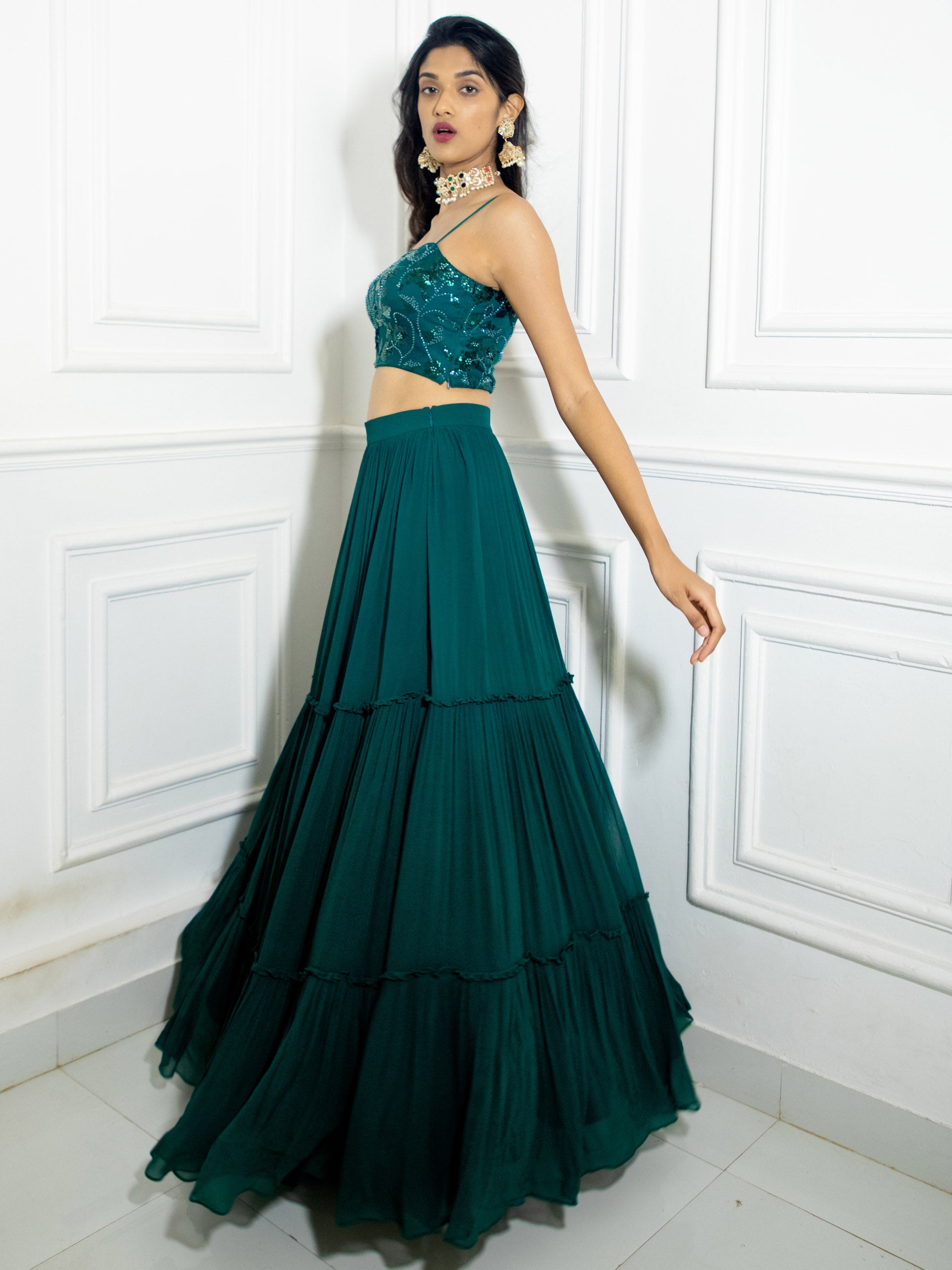 Emerald Green Sequins Lehenga Set image 1