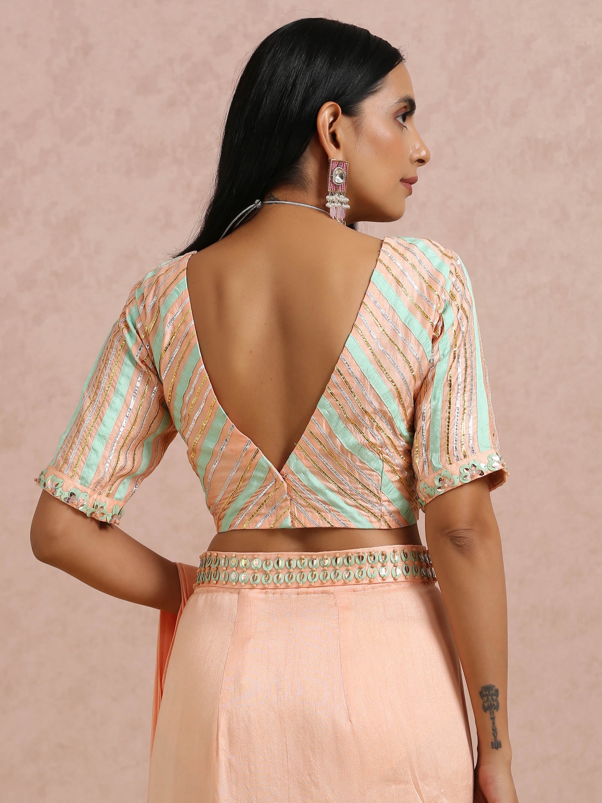 Peach and Mint Pre Draped Saree Set image 3