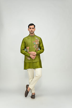 Olive Patch Bundi  Kurta Pant Set image 5