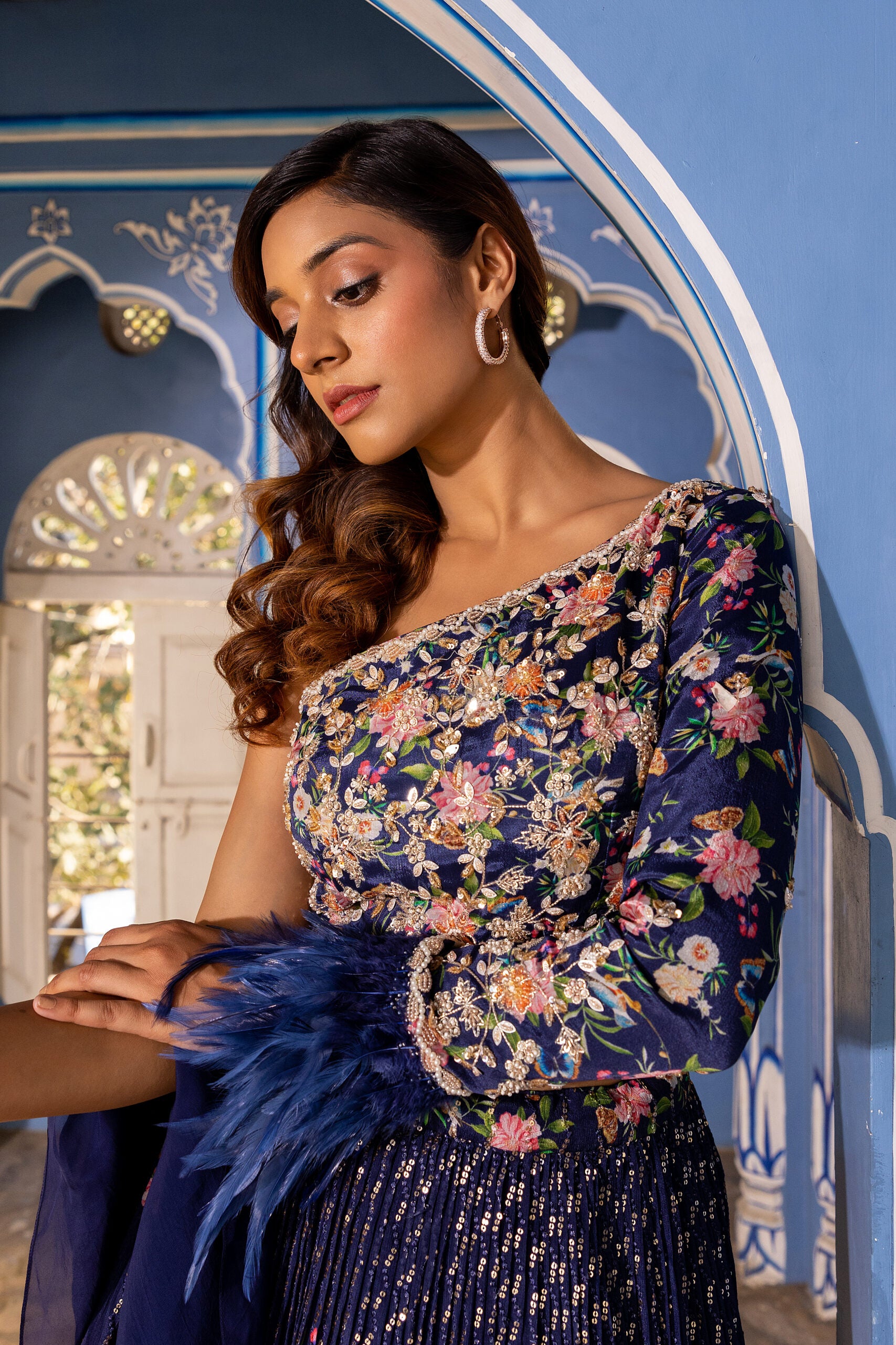 Navy Floral Blue Georgette Crepe Hand Embroidered Lehenga image 6