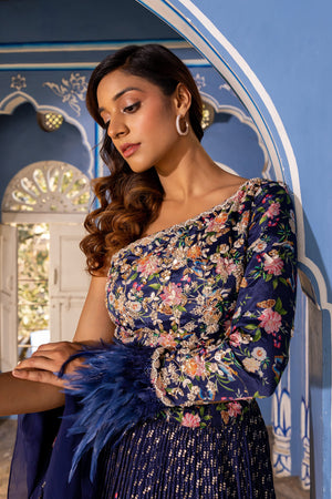 Navy Floral Blue Georgette Crepe Hand Embroidered Lehenga image 6